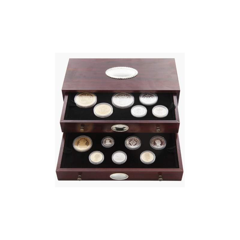 ** 13 ONZAS de PLATA PURA ** HISTORIA DE LA MONEDA ESPAÑOLA 1474 a 1868 FNMT 17 MEDALLAS BAÑO DE ORO 412 gramos