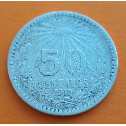 1º AÑO DE FABRICACIÓN x MEXICO 50 CENTAVOS 1919 AGUILA KM.447 MONEDA DE PLATA MUY CIRCULADA R/2