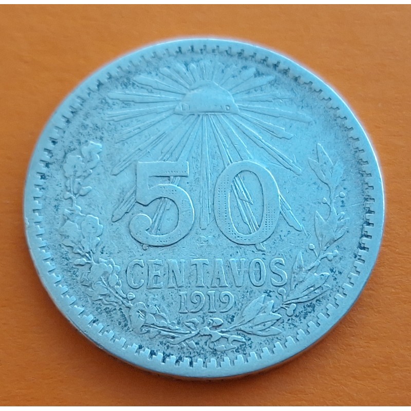 1º AÑO DE FABRICACIÓN x MEXICO 50 CENTAVOS 1919 AGUILA KM.447 MONEDA DE PLATA MUY CIRCULADA R/2