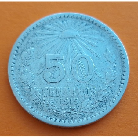 1º AÑO DE FABRICACIÓN x MEXICO 50 CENTAVOS 1919 AGUILA KM.447 MONEDA DE PLATA MUY CIRCULADA R/2