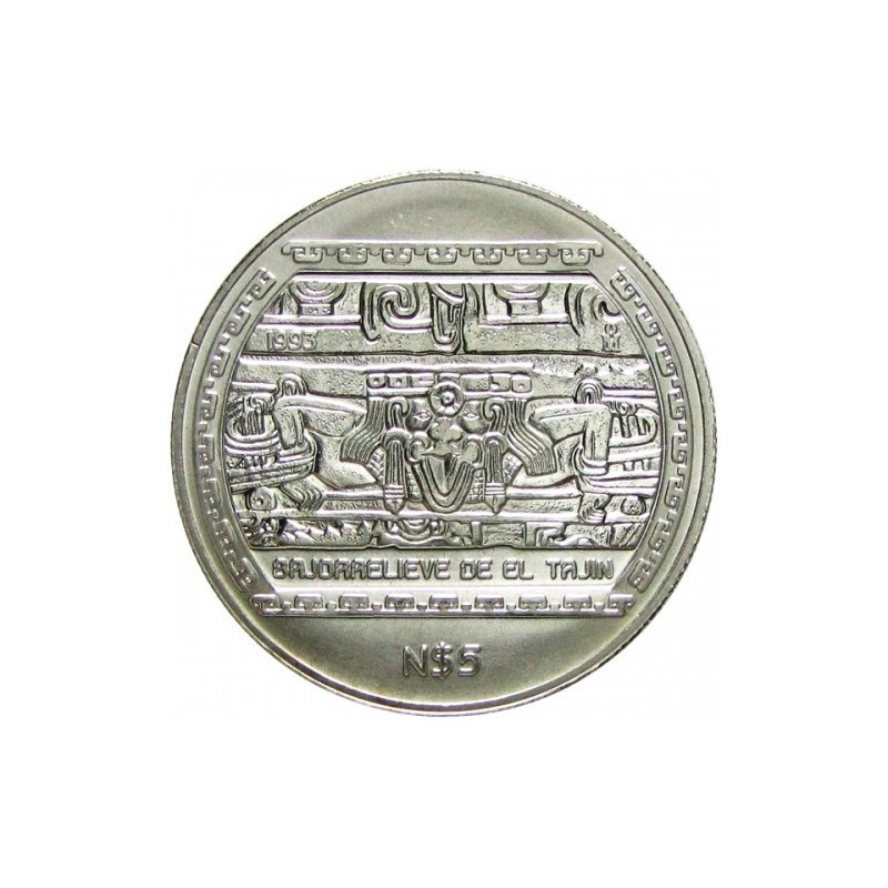 MEXICO 5 PESOS 1993 BAJORRELIEVE DE EL TAJIN KM.569 MONEDA DE PLATA SC 1 ONZA OZ Silver coin Nuevo