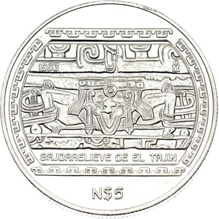 MEXICO 5 PESOS 1993 BAJORRELIEVE DE EL TAJIN KM.569 MONEDA DE PLATA SC 1 ONZA OZ Silver coin Nuevo