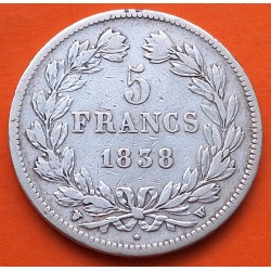 FRANCIA 5 FRANCOS 1838 W Ceca de LILLE Rey LOUIS PHILIPPE I KM.749.13 MONEDA DE PLATA MBC- Republique Francaise R/2