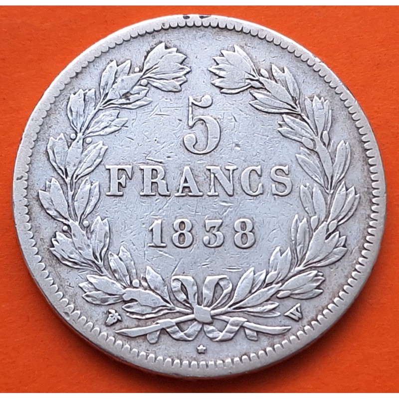 FRANCIA 5 FRANCOS 1838 W Ceca de LILLE Rey LOUIS PHILIPPE I KM.749.13 MONEDA DE PLATA MBC- Republique Francaise R/2