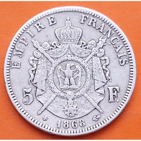 FRANCIA 5 FRANCOS 1868 A Ceca de PARÍS - EMPERADOR NAPOLEON III KM.799.1 MONEDA DE PLATA MBC France R/4