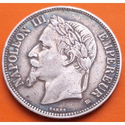 FRANCIA 5 FRANCOS 1869 BB Ceca de ESTRASBURGO EMPERADOR NAPOLEON III KM.799.2 MONEDA DE PLATA MBC France R/1