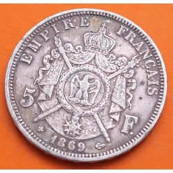 FRANCIA 5 FRANCOS 1869 BB Ceca de ESTRASBURGO EMPERADOR NAPOLEON III KM.799.2 MONEDA DE PLATA MBC France R/1