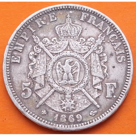 FRANCIA 5 FRANCOS 1869 BB Ceca de ESTRASBURGO EMPERADOR NAPOLEON III KM.799.2 MONEDA DE PLATA MBC France R/1