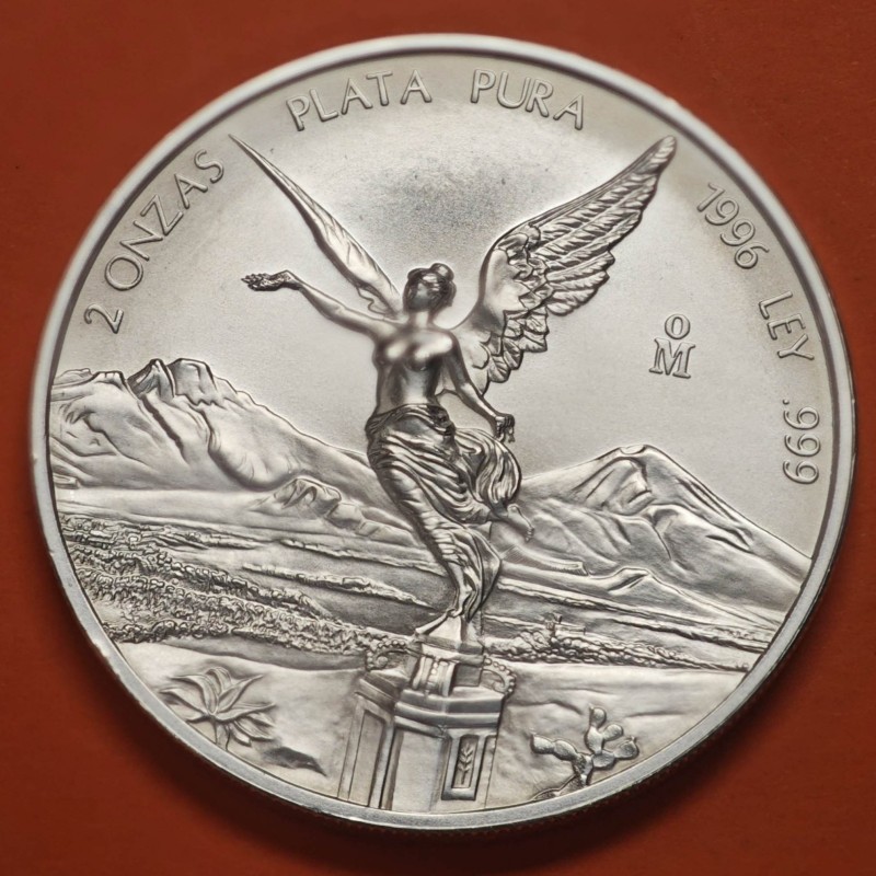 1ª AÑO DE EMISIÓN @RARA@ MEXICO 2 ONZAS 1996 ANGEL LIBERTAD MONEDA DE PLATA PURA 999 SC silver coin OZ OUNCE