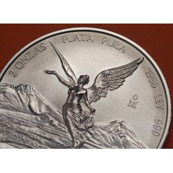 1ª AÑO DE EMISIÓN @RARA@ MEXICO 2 ONZAS 1996 ANGEL LIBERTAD MONEDA DE PLATA PURA 999 SC silver coin OZ OUNCE
