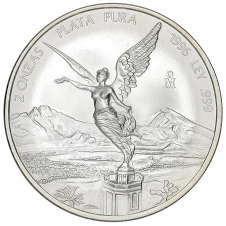 1ª AÑO DE EMISIÓN @RARA@ MEXICO 2 ONZAS 1996 ANGEL LIBERTAD MONEDA DE PLATA PURA 999 SC silver coin OZ OUNCE