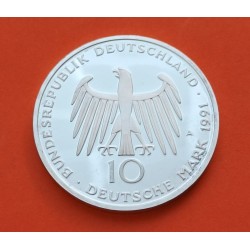 @PROOF - CÁPSULA@ ALEMANIA 10 MARCOS 1991 A PUERTA BRADENBURGO KM.177 MONEDA DE PLATA German silver