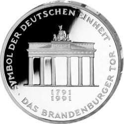 @PROOF - CÁPSULA@ ALEMANIA 10 MARCOS 1991 A PUERTA BRADENBURGO KM.177 MONEDA DE PLATA German silver