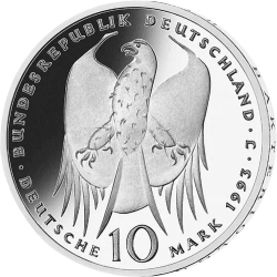 @PROOF + CÁPSULA@ ALEMANIA 10 MARCOS 1993 J BUSTO DE ROBERT KOCH KM.181 MONEDA DE PLATA German silver