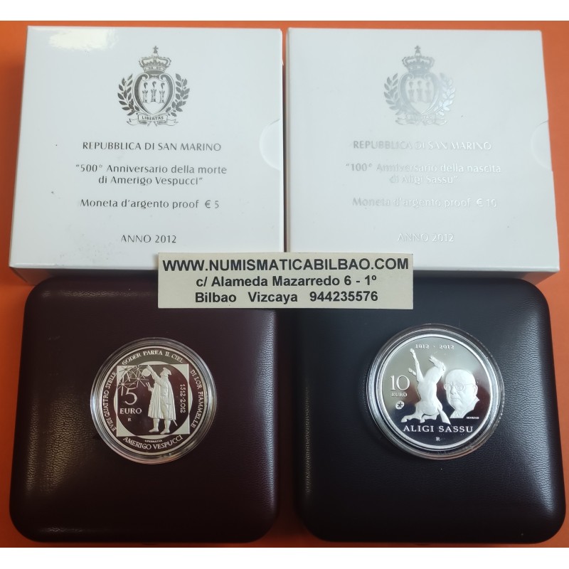 * 2 monedas * SAN MARINO 5 EUROS + 10 EUROS 2012 AMERICO VESPUCCIO y ALIGI SASSU PLATA PROOF ESTUCHE