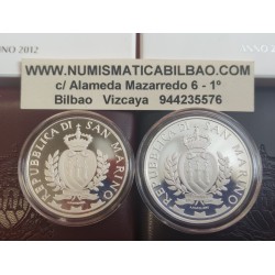 * 2 monedas * SAN MARINO 5 EUROS + 10 EUROS 2012 AMERICO VESPUCCIO y ALIGI SASSU PLATA PROOF ESTUCHE