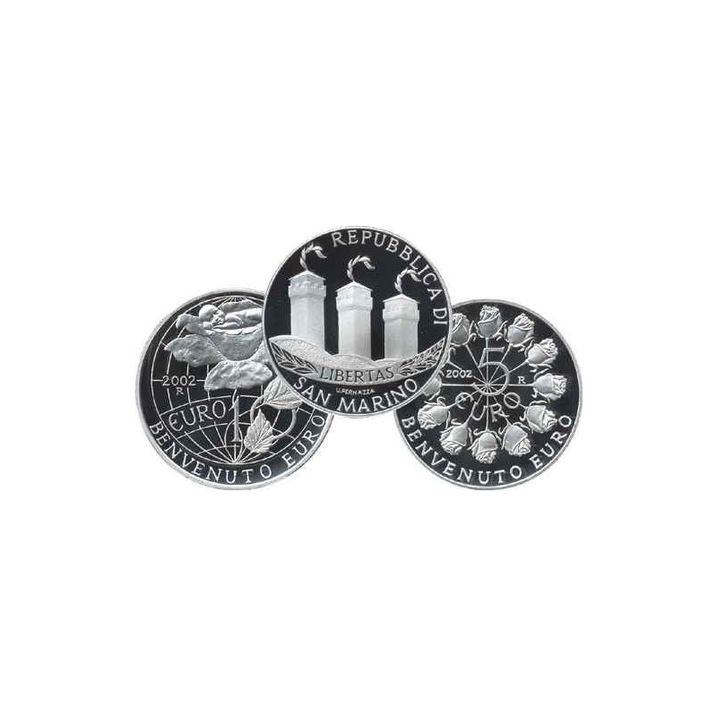 * 2 monedas * SAN MARINO 5 EUROS 2002  + 10 EUROS 2002 BIENVENIDO AL EURO PLATA PROOF ESTUCHE