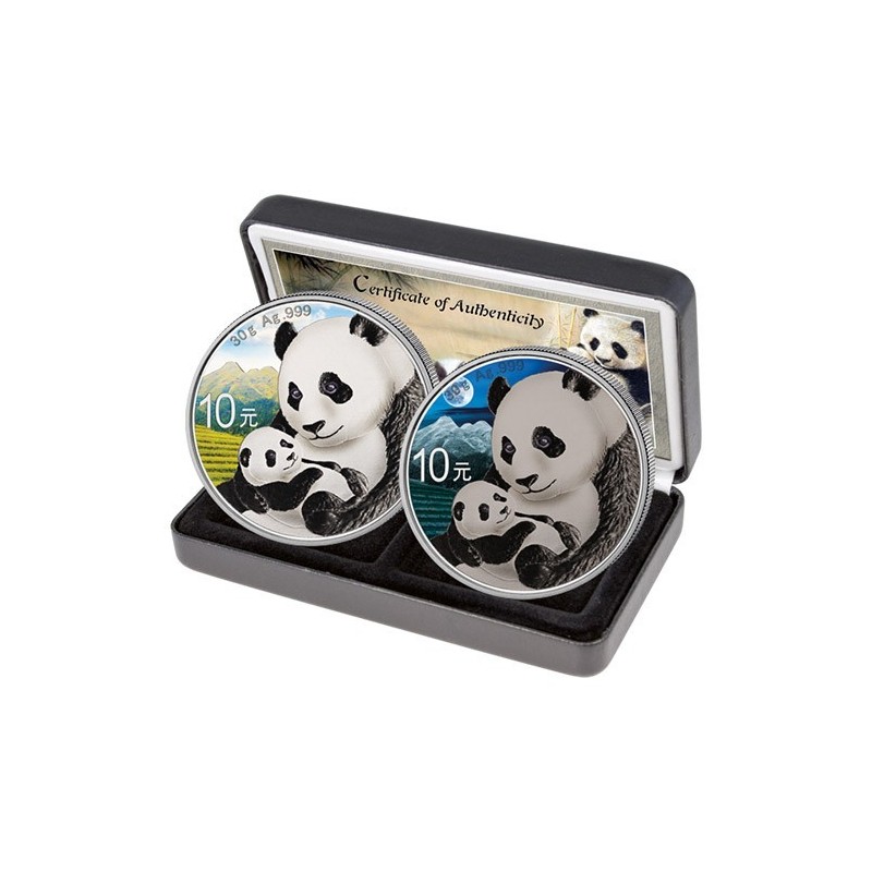. 2 monedas @TIRADA 500 uds@ CHINA 10 YUAN 2019 OSO PANDA Edición NIGHT & DAY ESTUCHE CERTIFICADO PLATA Oz ONZA