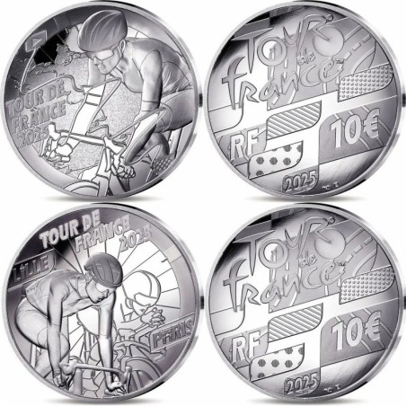 * 2 monedas * FRANCIA 10 EUROS 2025 TOUR DE FRANCE CICLISMO - LLEGADA y SALIDA PLATA ESTUCHE PROOF
