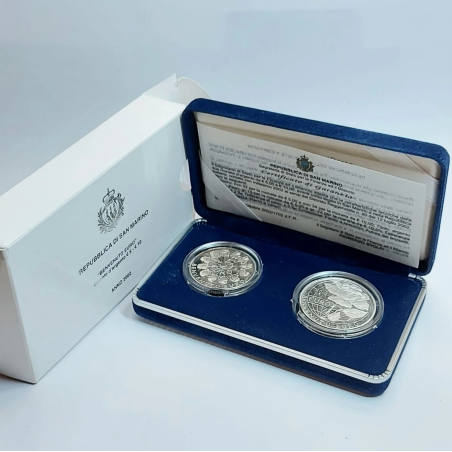 * 2 monedas * SAN MARINO 5 EUROS 2002  + 10 EUROS 2002 BIENVENIDO AL EURO PLATA PROOF ESTUCHE