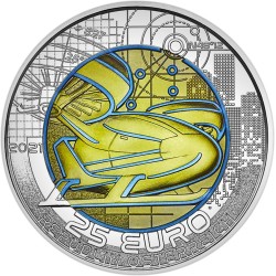 @RARA@ AUSTRIA 25 EUROS 2021 MOVILIDAD NAVES y COCHES DEL FUTURO MONEDA DE PLATA NIOBIO Estuche Niob silver