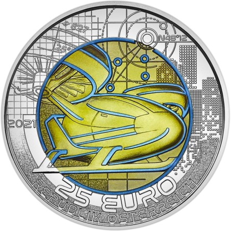 @RARA@ AUSTRIA 25 EUROS 2021 MOVILIDAD NAVES y COCHES DEL FUTURO MONEDA DE PLATA NIOBIO Estuche Niob silver