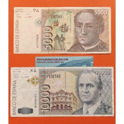 * 2 billetes MUY CIRCULADOS *  ESPAÑA 5000 PESETAS + 10000 PESETAS 1992 CRISTOBAL COLÓN y JUAN CARLOS I Pick 166 Spain P/1