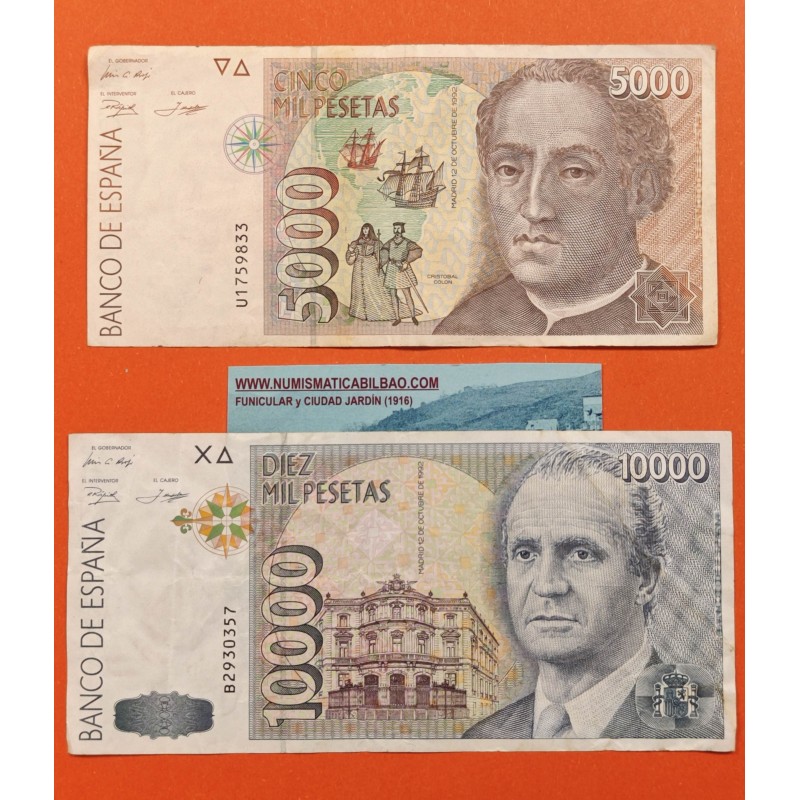 * 2 billetes MUY CIRCULADOS *  ESPAÑA 5000 PESETAS + 10000 PESETAS 1992 CRISTOBAL COLÓN y JUAN CARLOS I Pick 166 Spain P/1