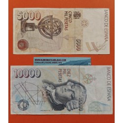 * 2 billetes MUY CIRCULADOS *  ESPAÑA 5000 PESETAS + 10000 PESETAS 1992 CRISTOBAL COLÓN y JUAN CARLOS I Pick 166 Spain P/1