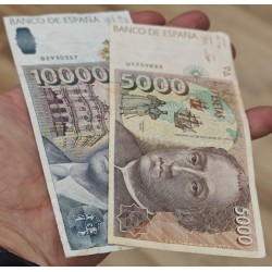 * 2 billetes MUY CIRCULADOS *  ESPAÑA 5000 PESETAS + 10000 PESETAS 1992 CRISTOBAL COLÓN y JUAN CARLOS I Pick 166 Spain P/1