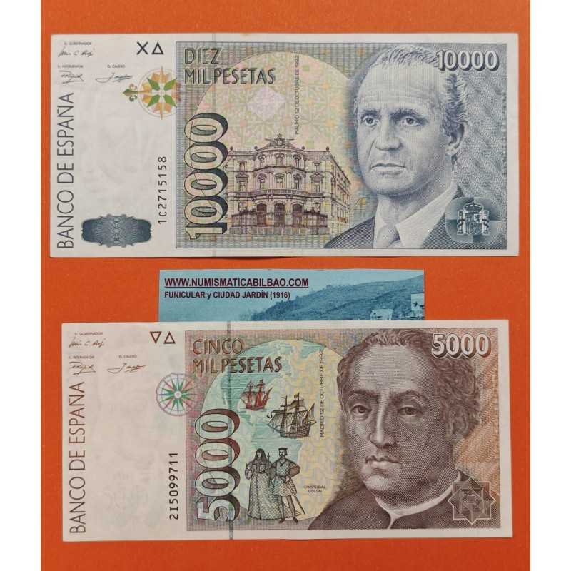 * 2 billetes MUY BONITOS * España 5000 PESETAS 1992 CRISTOBAL COLON + 10000 PESETAS 1992 JUAN CARLOS I Pick 166 Spain P/2