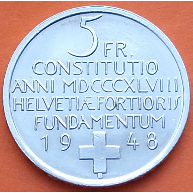 SUIZA 5 FRANCOS 1948 B CONSTITUCION FEDERAL MUJER CON NIÑO KM.48 MONEDA DE PLATA SC- Switzerland Francs silver R/2