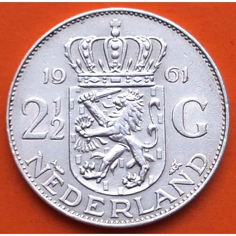 HOLANDA 2,50 GULDEN 1961 REINA JULIANA y LEON CON ESPADA KM.185 MONEDA DE PLATA MBC+ The Netherlands silver 0,35 ONZAS