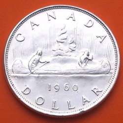CANADA 1 DOLAR 1960 INDIOS EN CANOA VOYAGEUR - ISABEL II KM.54 MONEDA DE PLATA EBC + IMPERFECCIONES silver R/2