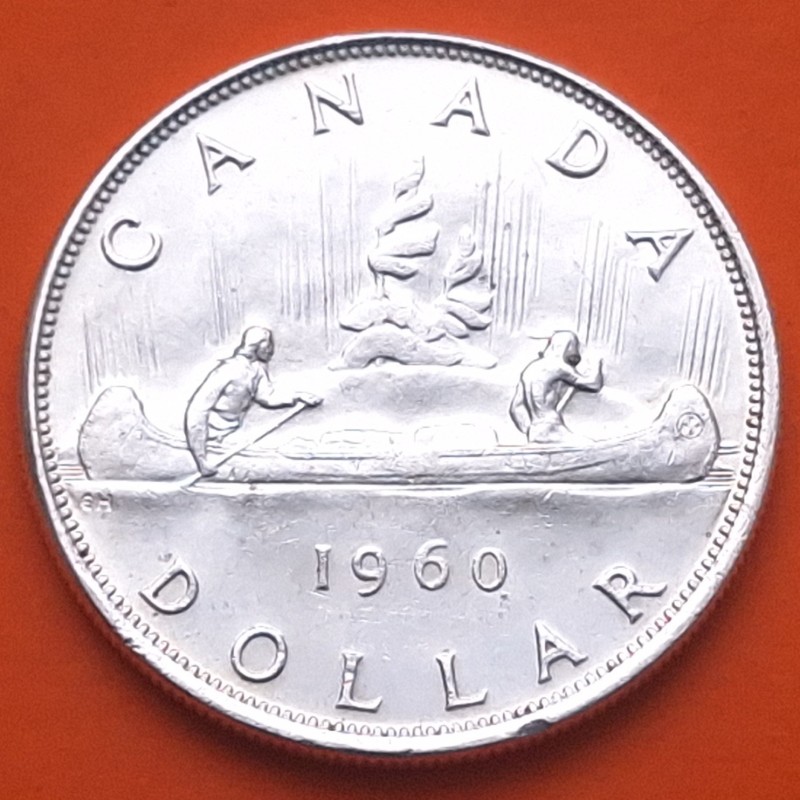 CANADA 1 DOLAR 1960 INDIOS EN CANOA VOYAGEUR - ISABEL II KM.54 MONEDA DE PLATA EBC + IMPERFECCIONES silver R/2