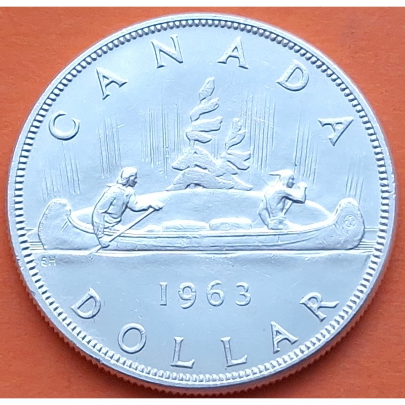 @ÚLTIMO AÑO DE ESTE BUSTO@ CANADA 1 DOLAR 1963 INDIOS EN CANOA - VOYAGEUR KM.54 MONEDA DE PLATA EBC $1 Dollar silver
