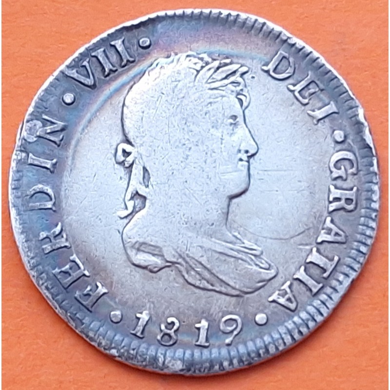 ESPAÑA Rey FERNANDO VII 2 REALES 1819 JJ Ceca de MEXICO MONEDA DE PLATA @PATINA@ Spain silver coin Ferdin Dei Gratia