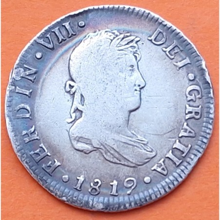 ESPAÑA Rey FERNANDO VII 2 REALES 1819 JJ Ceca de MEXICO MONEDA DE PLATA @PATINA@ Spain silver coin Ferdin Dei Gratia