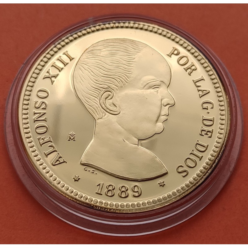 0,40 ONZAS x MEDALLA FNMT HISTORIA DE LA PESETA ESPAÑA 20 PESETAS 1889 ALFONSO XIII PLATA BAÑO DE ORO 13,50 gramos 925 milésimas