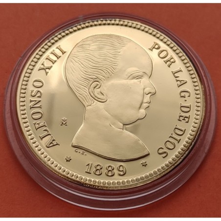 0,40 ONZAS x MEDALLA FNMT HISTORIA DE LA PESETA ESPAÑA 20 PESETAS 1889 ALFONSO XIII PLATA BAÑO DE ORO 13,50 gramos 925 milésimas