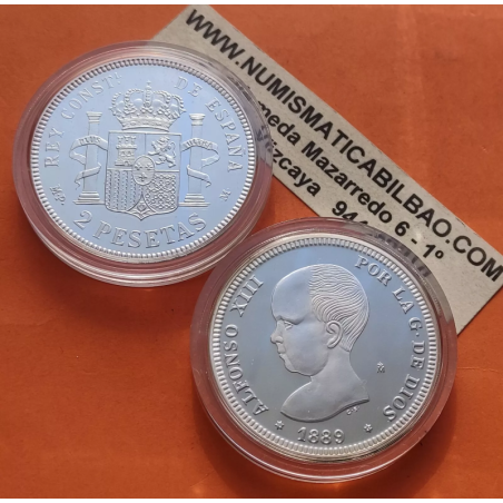 0,80 ONZAS x MEDALLA FNMT HISTORIA DE LA PESETA ESPAÑA 2 PESETAS 1889 ALFONSO XIII PLATA 27 gramos 925 milésimas