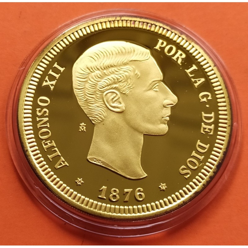 0,80 ONZAS x MEDALLA FNMT HISTORIA DE LA PESETA ESPAÑA 25 PESETAS 1876 ALFONSO XII PLATA BAÑO DE ORO 27 gramos 925 mls