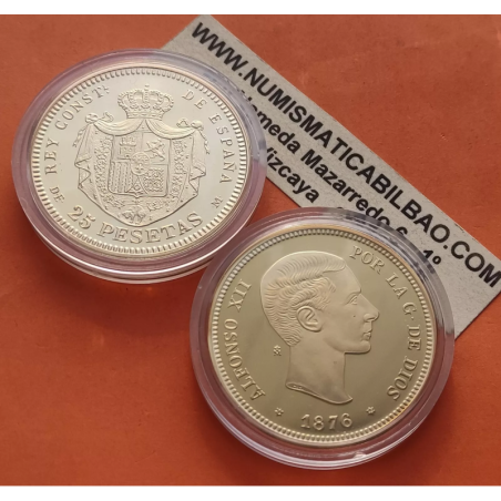 0,80 ONZAS x MEDALLA FNMT HISTORIA DE LA PESETA ESPAÑA 25 PESETAS 1876 ALFONSO XII PLATA BAÑO DE ORO 27 gramos 925 mls
