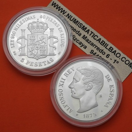 1,30 ONZAS x MEDALLA FNMT HISTORIA DE LA PESETA ESPAÑA 5 PESETAS 1875 * 18/75 DEM ALFONSO XI PLATA 44 gramos 925 milésimas