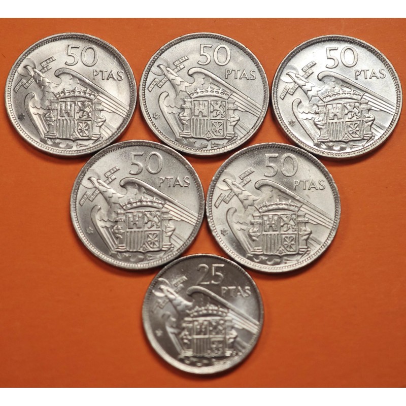 * 6 monedas con ESTRELLA TRUCADA * ESPAÑA 25 PESETAS 1957 * 73 + 50 PESETAS 1957 * 68+72+73+74+75 FRANCO NICKEL