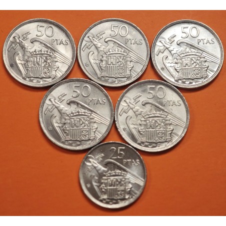 * 6 monedas con ESTRELLA TRUCADA * ESPAÑA 25 PESETAS 1957 * 73 + 50 PESETAS 1957 * 68+72+73+74+75 FRANCO NICKEL