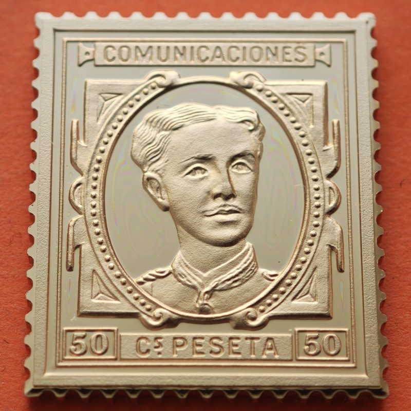 . 0,35 Onzas LINGOTE DE PLATA PURA y BAÑO DE ORO x ESPAÑA forma de sello 50 CENTIMOS 1876 ALFONSO XII