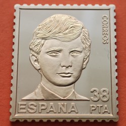 0,42 Onzas LINGOTE DE PLATA PURA y BAÑO DE ORO x ESPAÑA forma de sello 38 PESETAS - PRINCIPE FELIPE