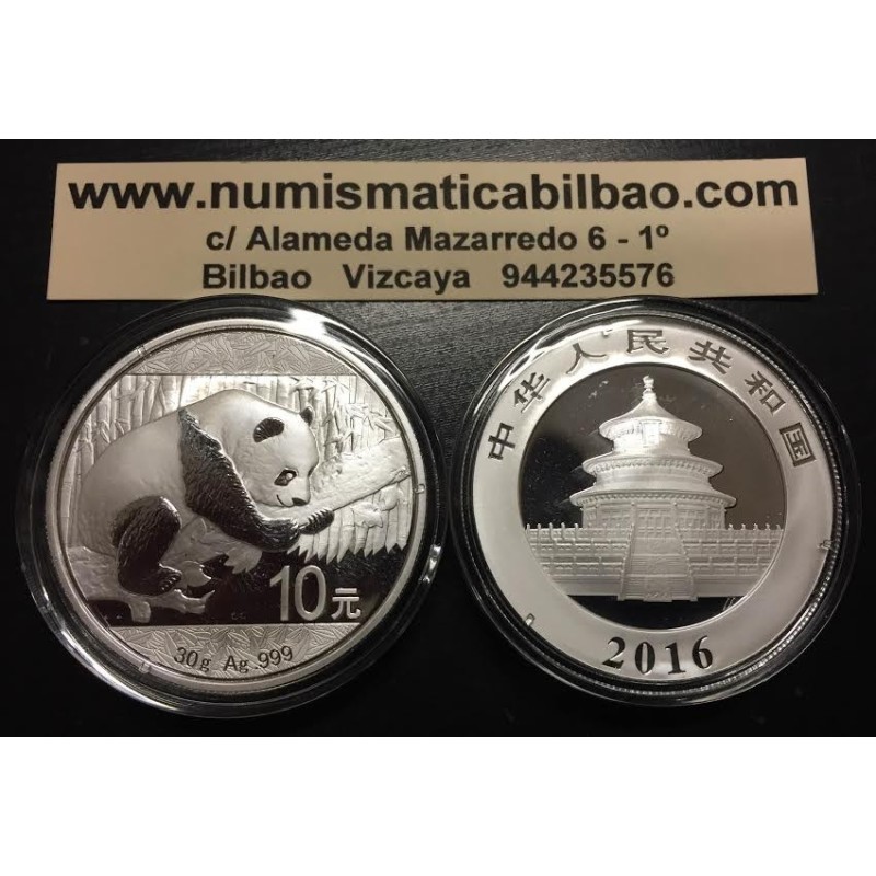 CHINA 10 YUAN 2016 OSO PANDA y PAGODA MONEDA DE PLATA Cápsula SILVER 30 Grs. 1 ONZA Oz Ounce