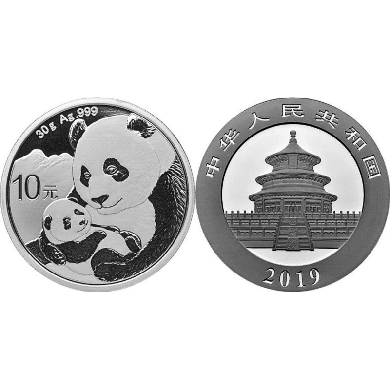 CHINA 10 YUAN 2019 OSO PANDA CON CRIA y PAGODA MONEDA DE PLATA SC 1 ONZA OUNCE SILVER 30 Grs. en cápsula